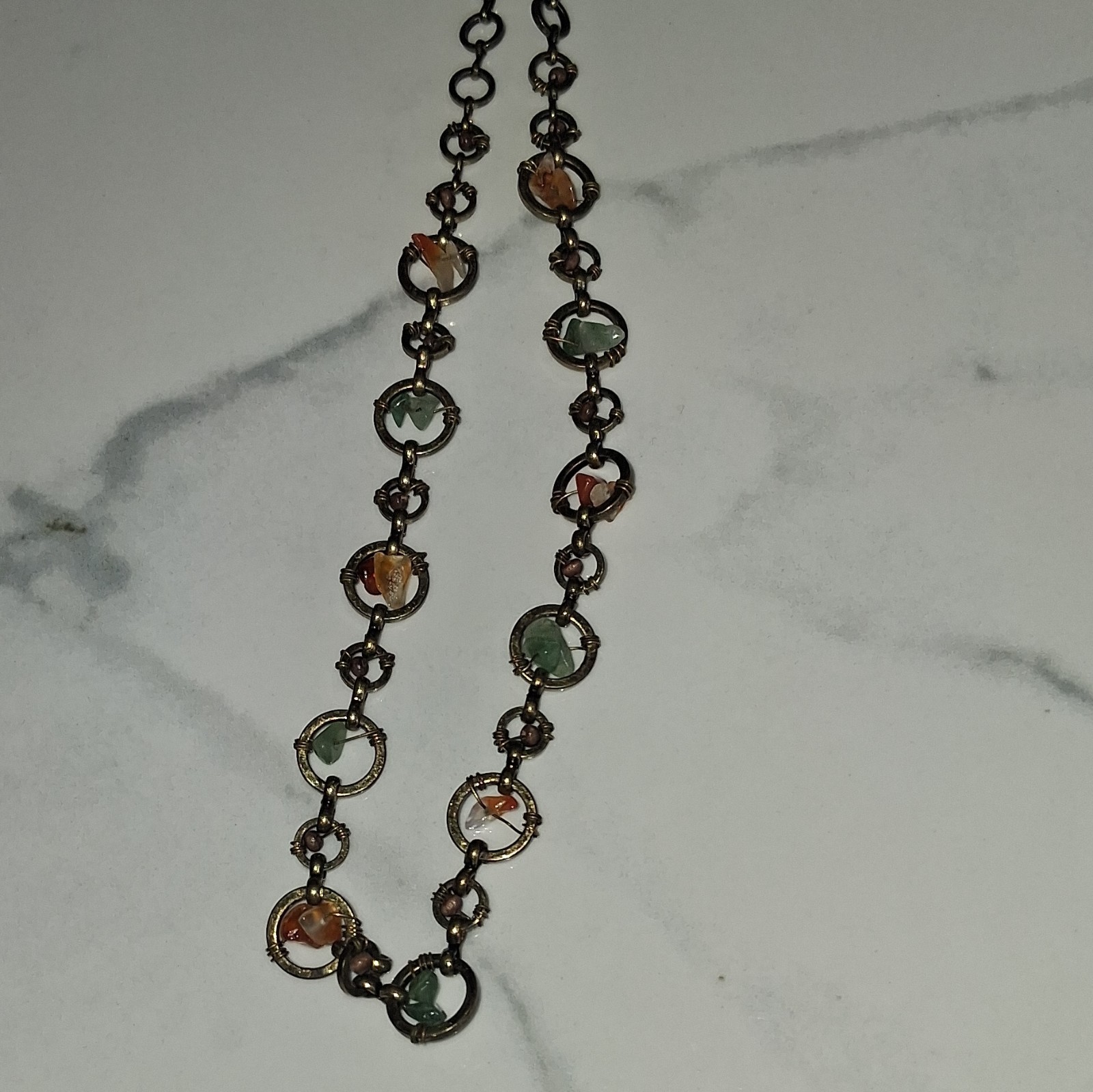 Bronze Tone Cable Chain Necklace w/ Round Green Glass Stones, Lobster Clasp