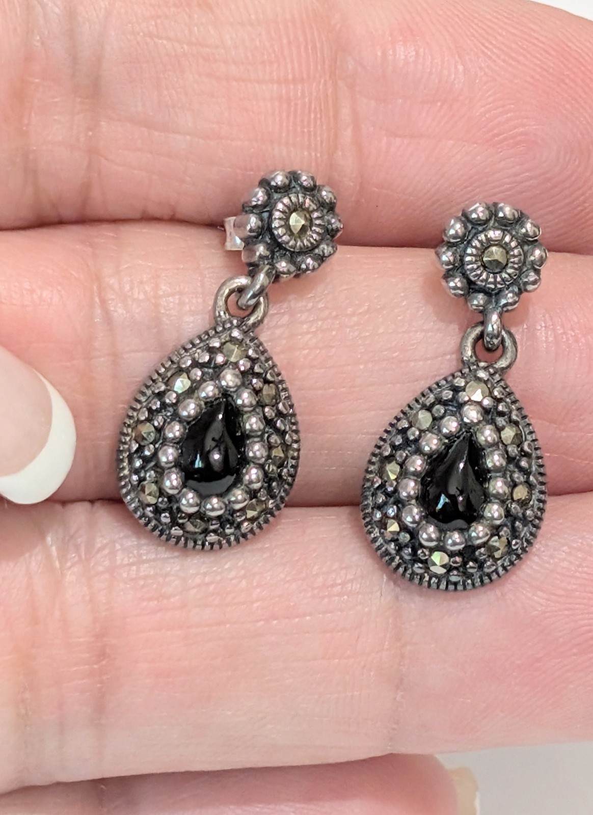 Vintage Sterling Silver Onyx Marcasite Dangle Drop 1″ Earrings 925 A Thailand