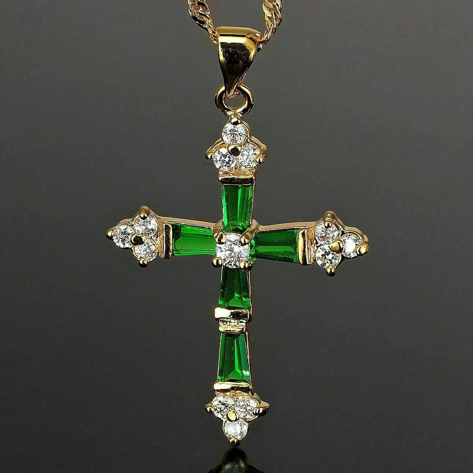 1.50Ct Baguette Simulated Emerald Cross Pendant 18″Chain 14k Yellow Gold Plated