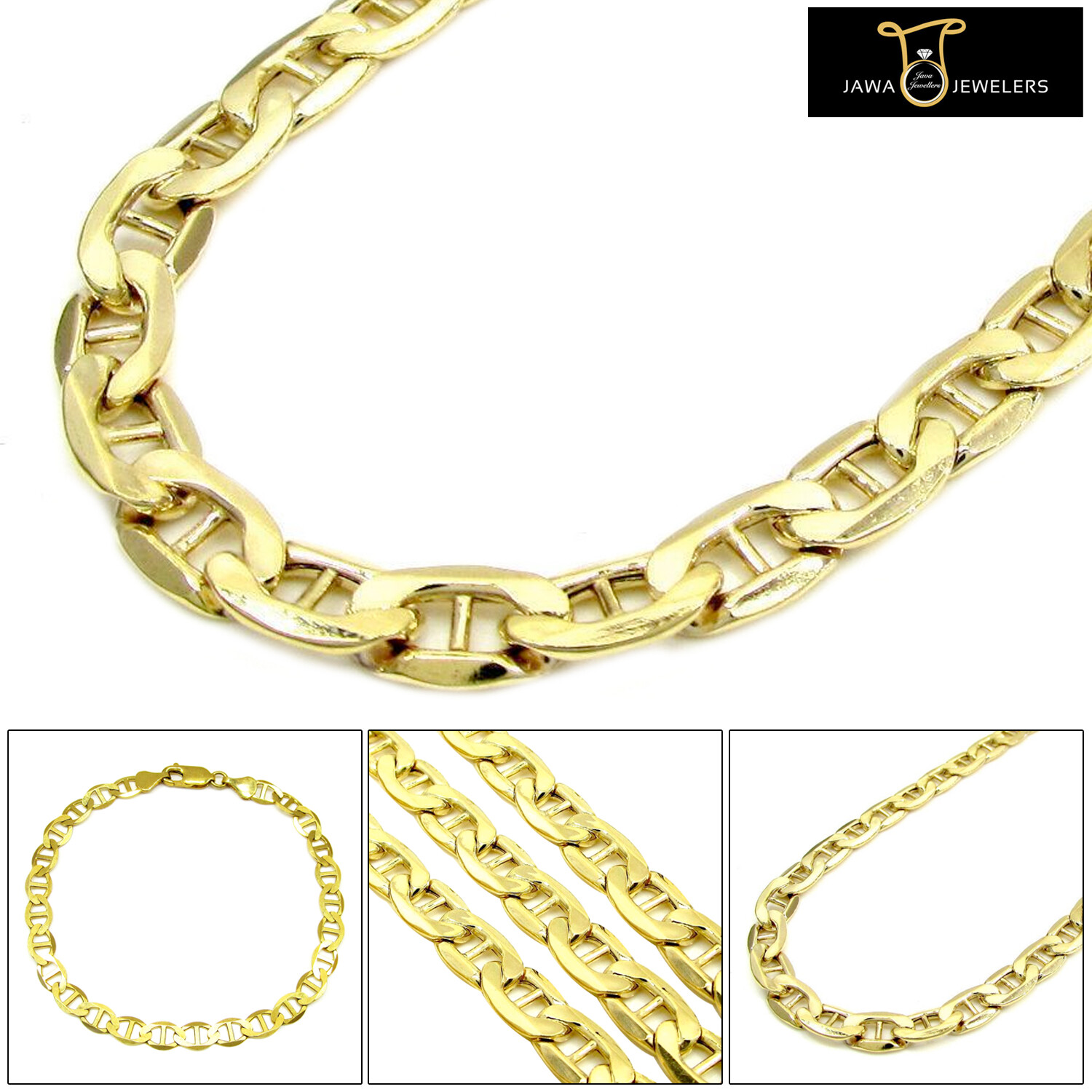 Mens Womens 10K Solid Yellow Gold Flat Mariner Link Chain Bracelet 6.5MM 8″ – 9″