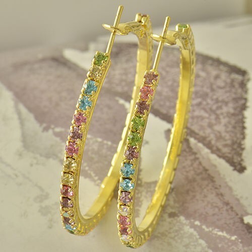 Pretty Yellow Gold Plated Multicolor Crystal CZ Round Large 1.75″ Hoop Earrings