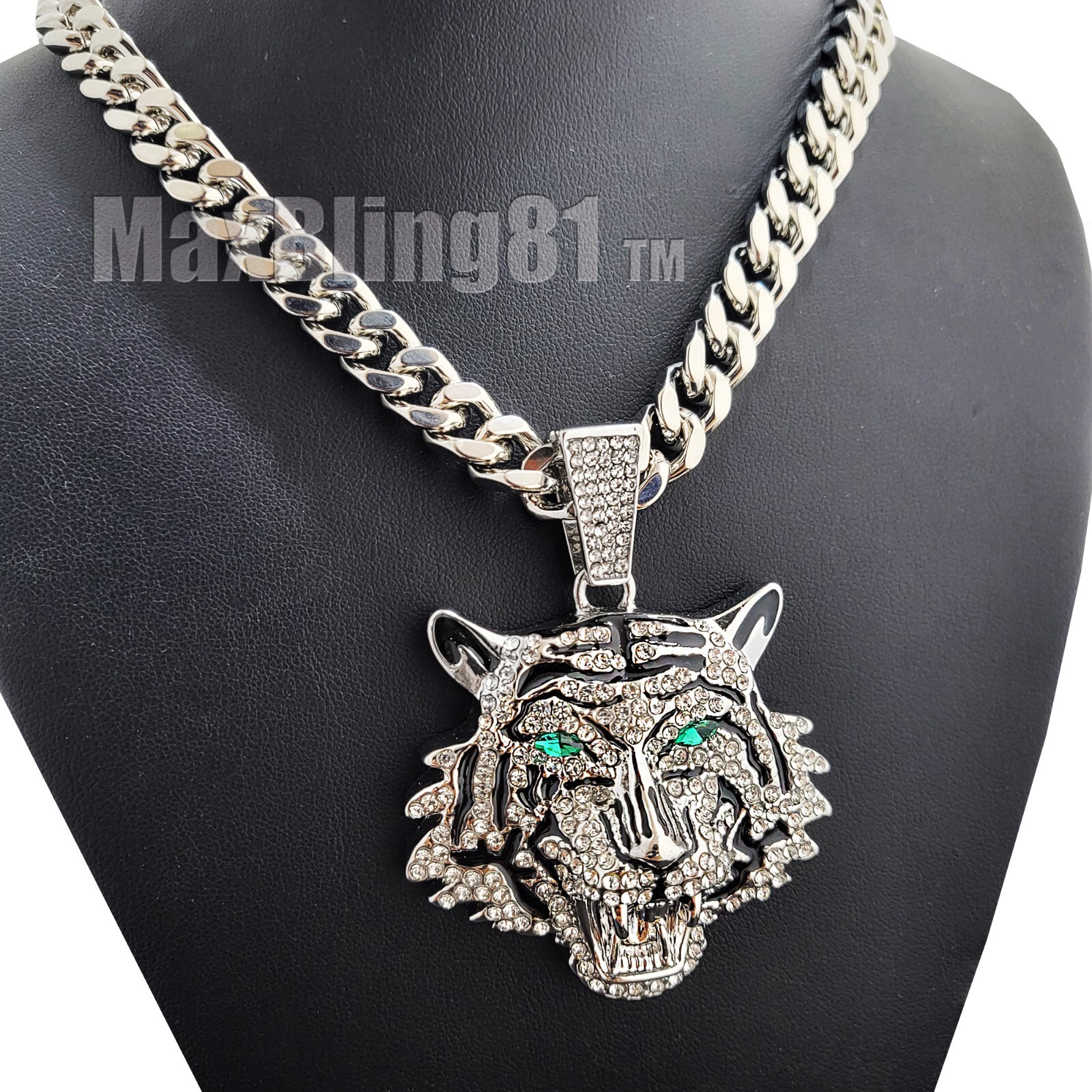Silver Plated Alloy Cubic Zirconia Large Tiger Pendant & Cuban Chain Necklace