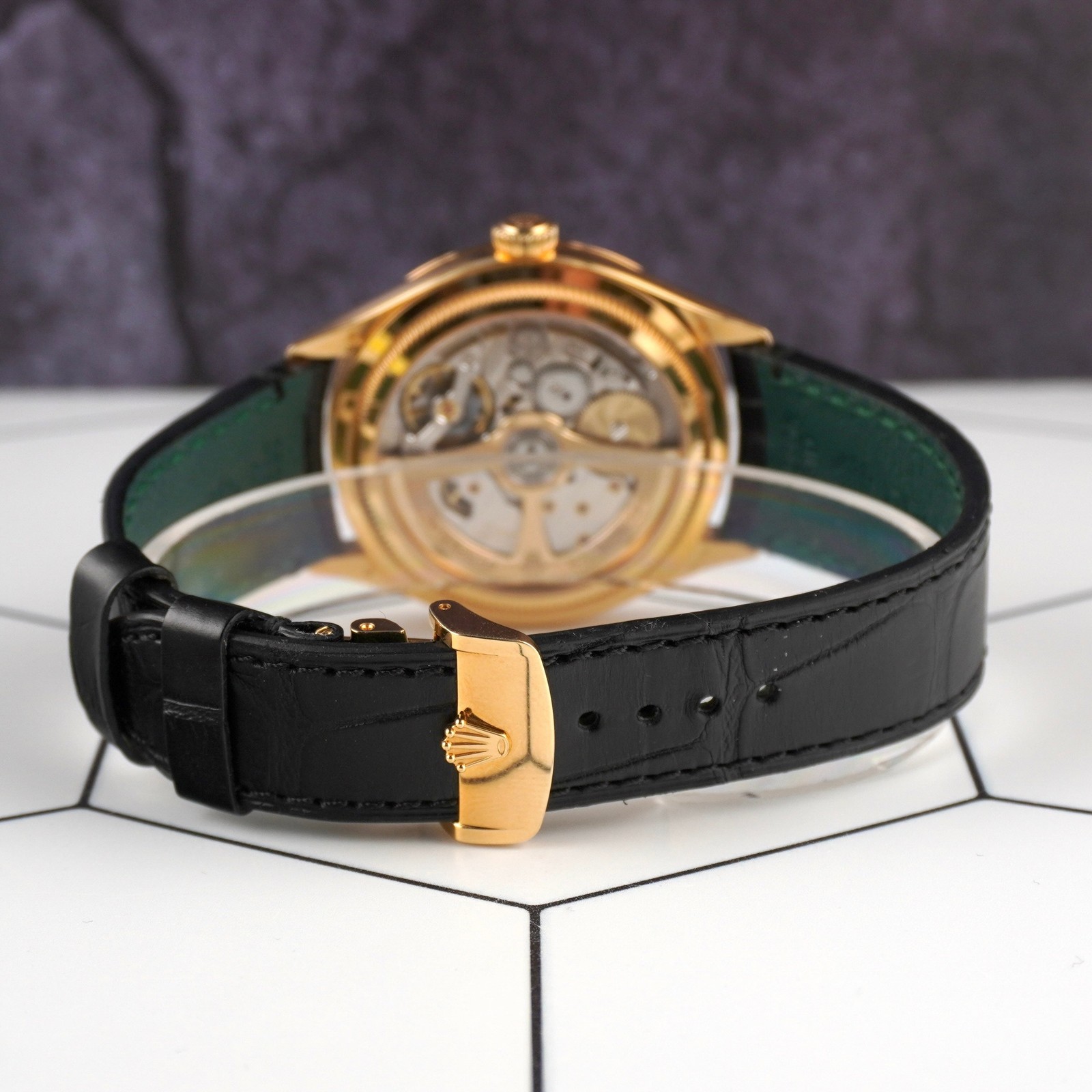 Rolex 1908 39mm Yellow Gold Black Dial Leather Band Men’s Watch 52508