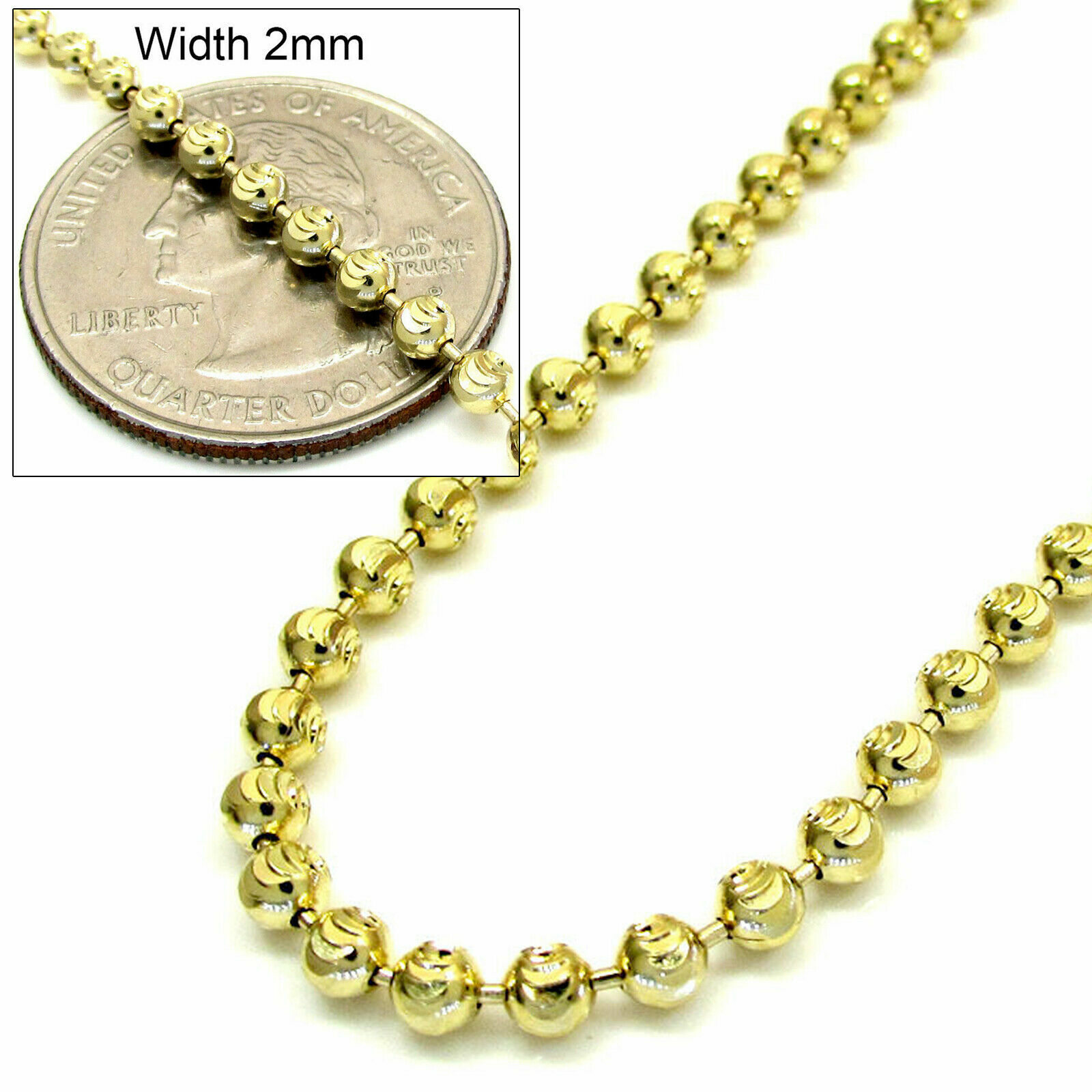 14K Yellow Gold 2MM Bead Ball Diamond Cut Moon Chain Necklace 16 – 24 Inches