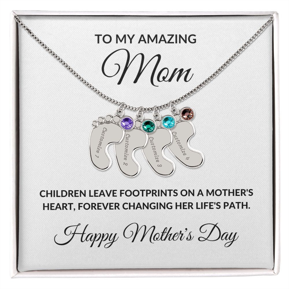 Mother’s Day Personalized Engraved Birthstone Necklace Baby Feet Gift for Mom