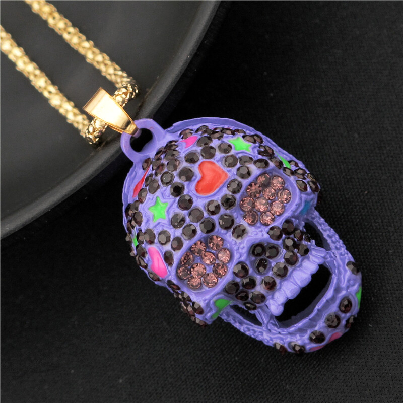 Fashion Women Purple Rhinestone Cute Enamel Love Skull Pendant Chain Necklace