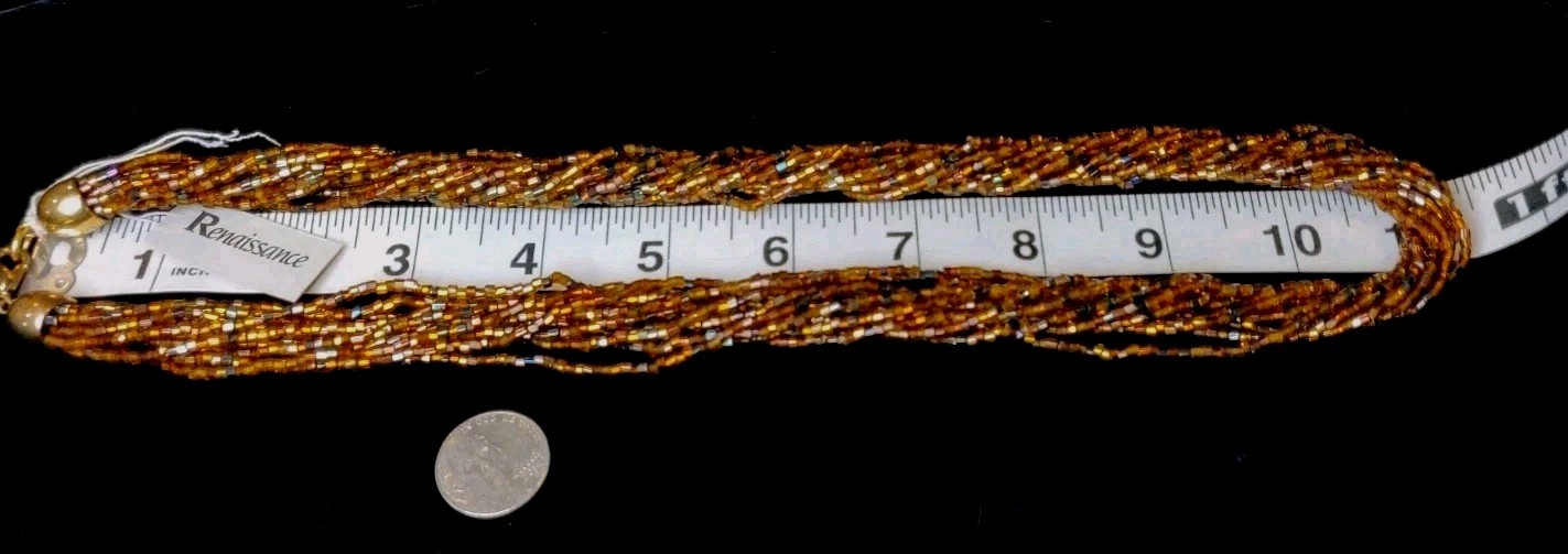 Vintage Czech Republic Boho Caramel Black Gold Glass Bead 12 Strand Necklace 50s