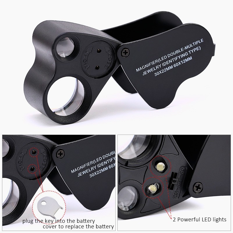 30X 60X LED Illuminated Jewelers Eye Loupe Foldable Magnifier Glass for Jewelry