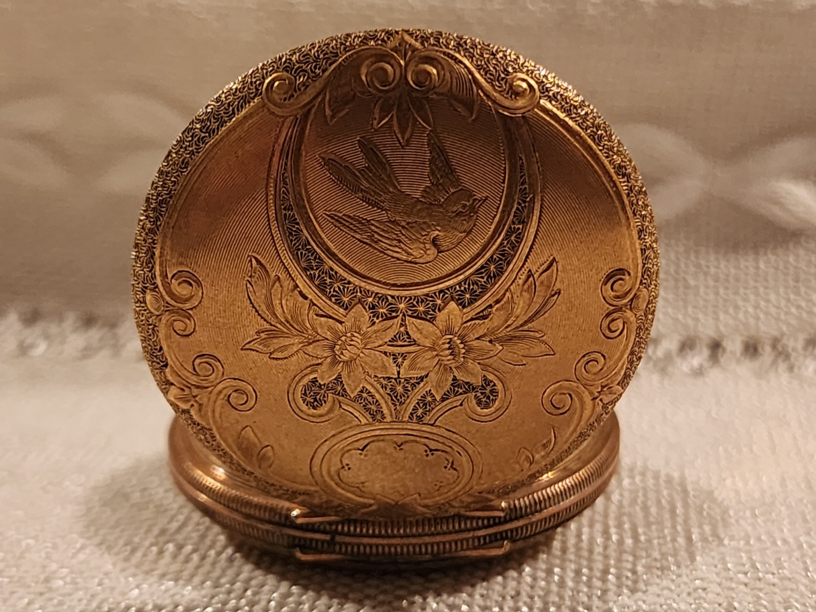 Antique Swiss Ladies Pocket Watch Gold Filled Hunter Case Bird Engraved WW