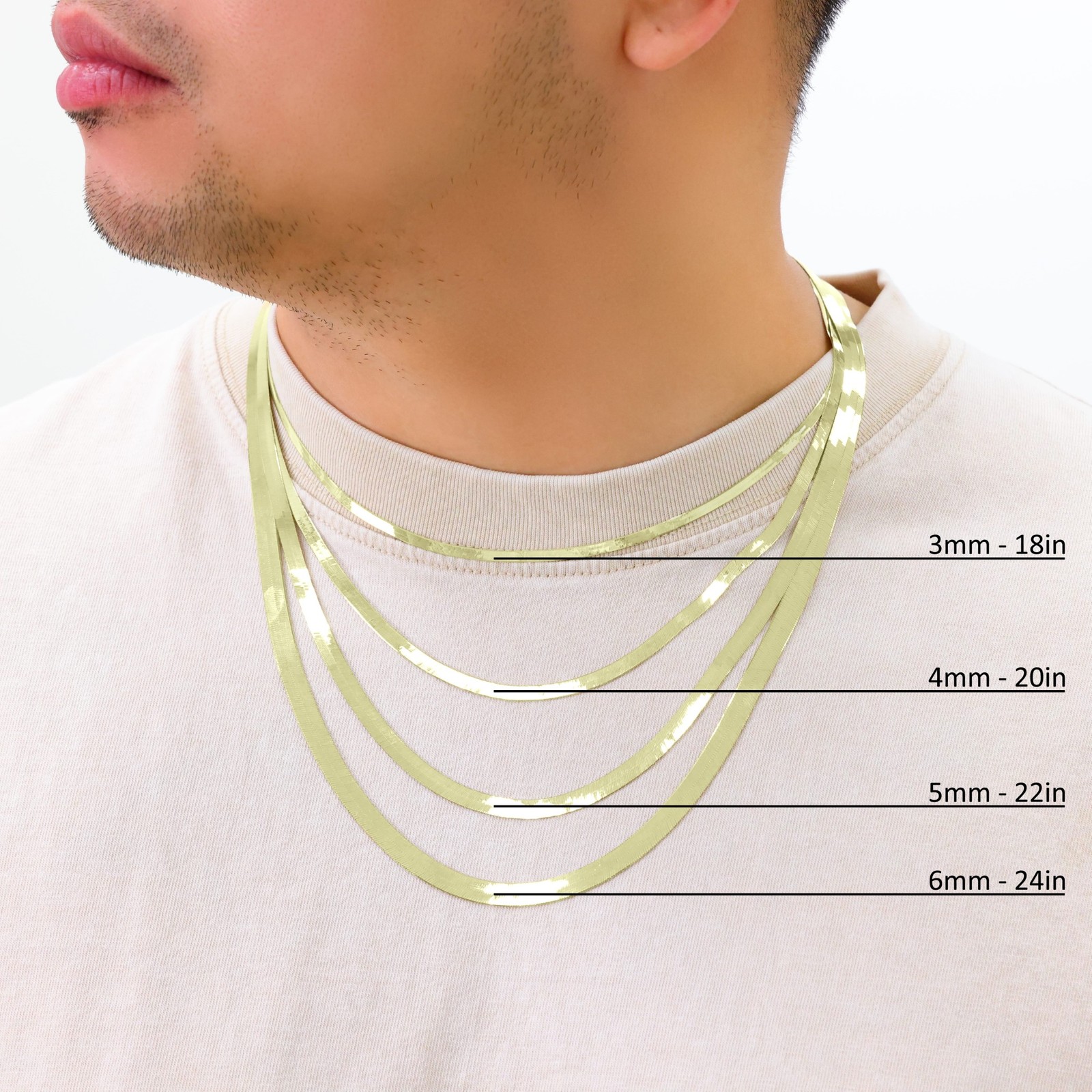 14K Yellow Gold Solid 3mm-9mm Flat Herringbone Chain Necklace Women Men 14″- 24″