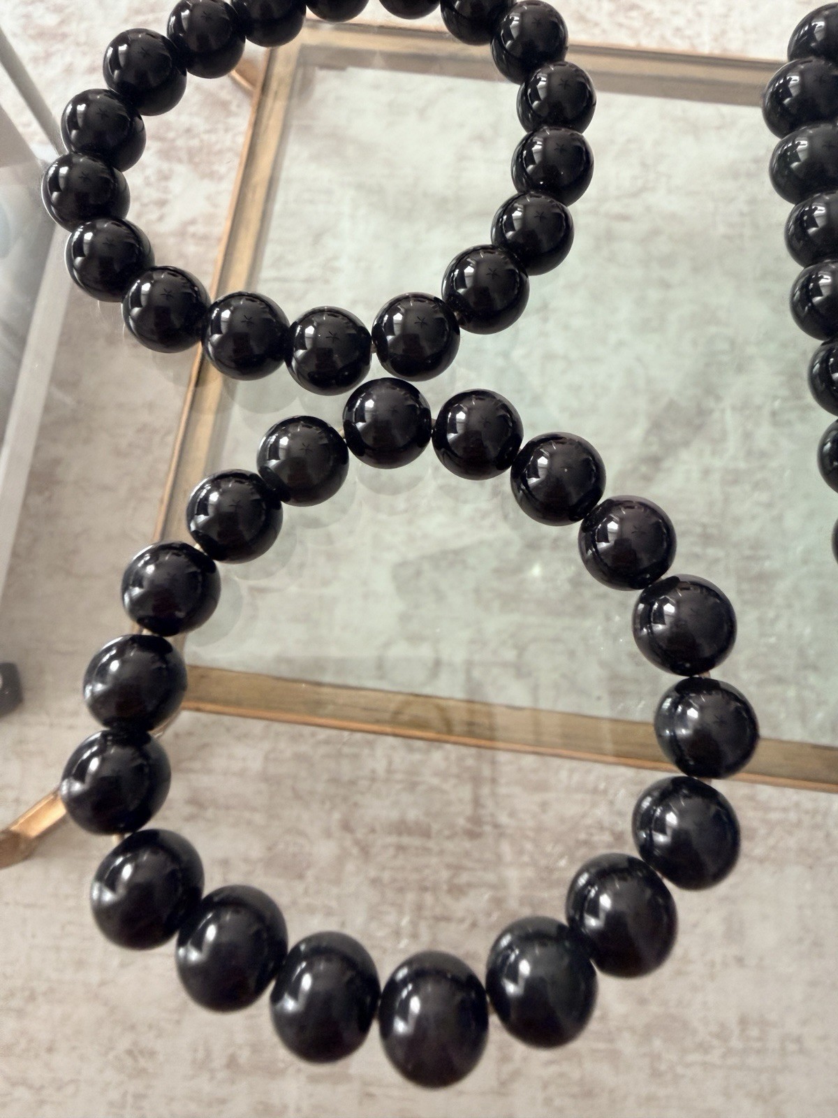 Vintage Black Glass Bead Necklace Chain Spring Ring Clasp with Bracelet Set