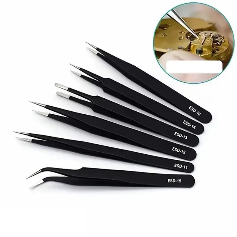 6Pcs ESD Anti-static Tweezers Set Maintenance Repair Stainless Steel Tools Kit