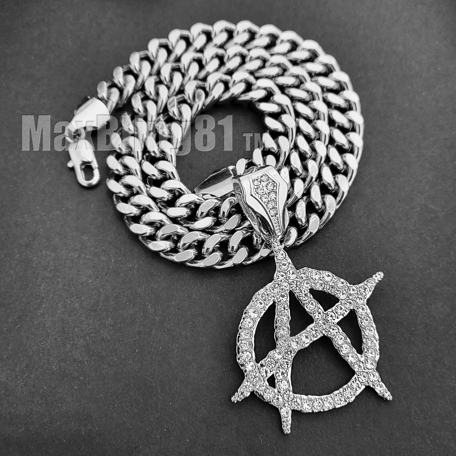 Hip Hop Iced Silver Plated Alloy Cubic Zirconia Anarchy & Cuban Chain Necklace