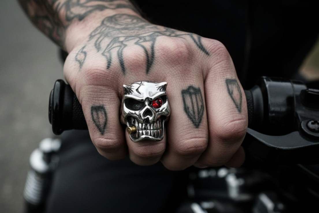 Skull Stainless Steel with Red Eye and Horns Biker Ring 107