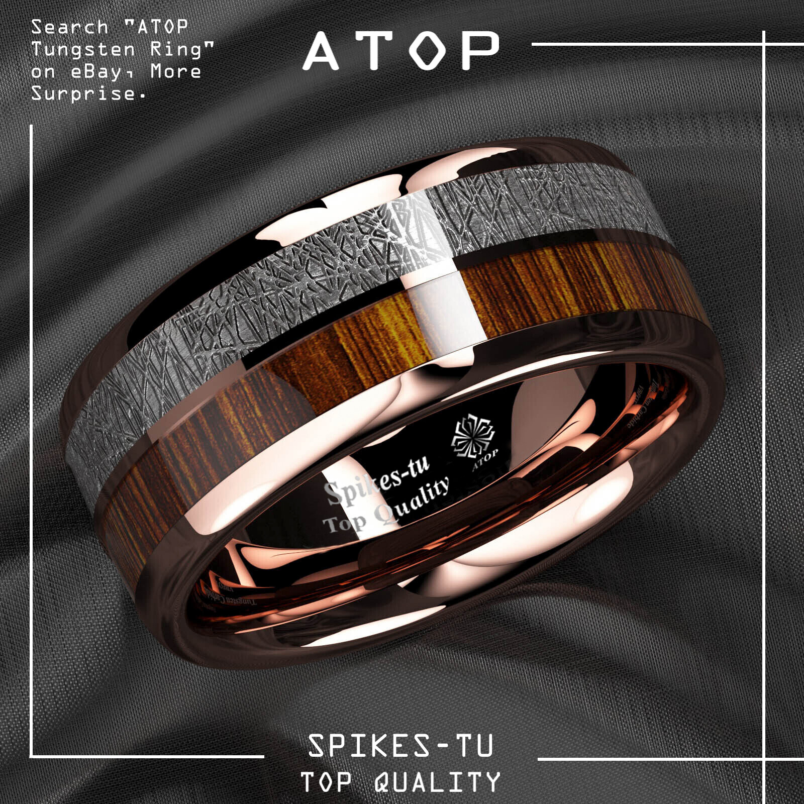 8/6mm Rose Gold Plated Metal Tungsten Ring Koa Wood Inlay ATOP Men Jewelry