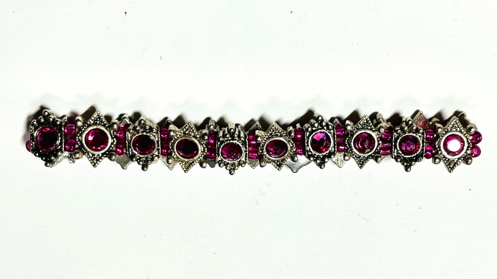 Hand Crafted Bright Pink Austrian Crystal Stretch Bracelet In Silver Tone