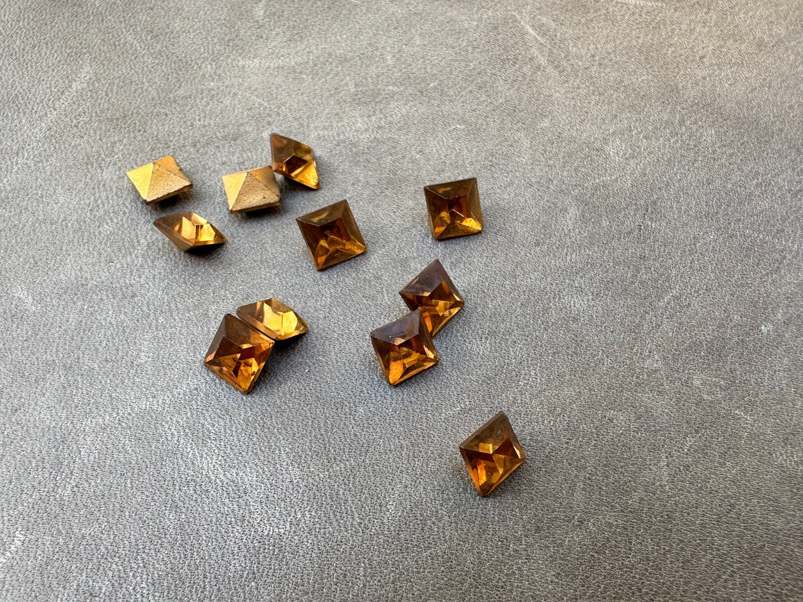 Vintage amber square faceted rhinestone gold foil backed Lot of 11