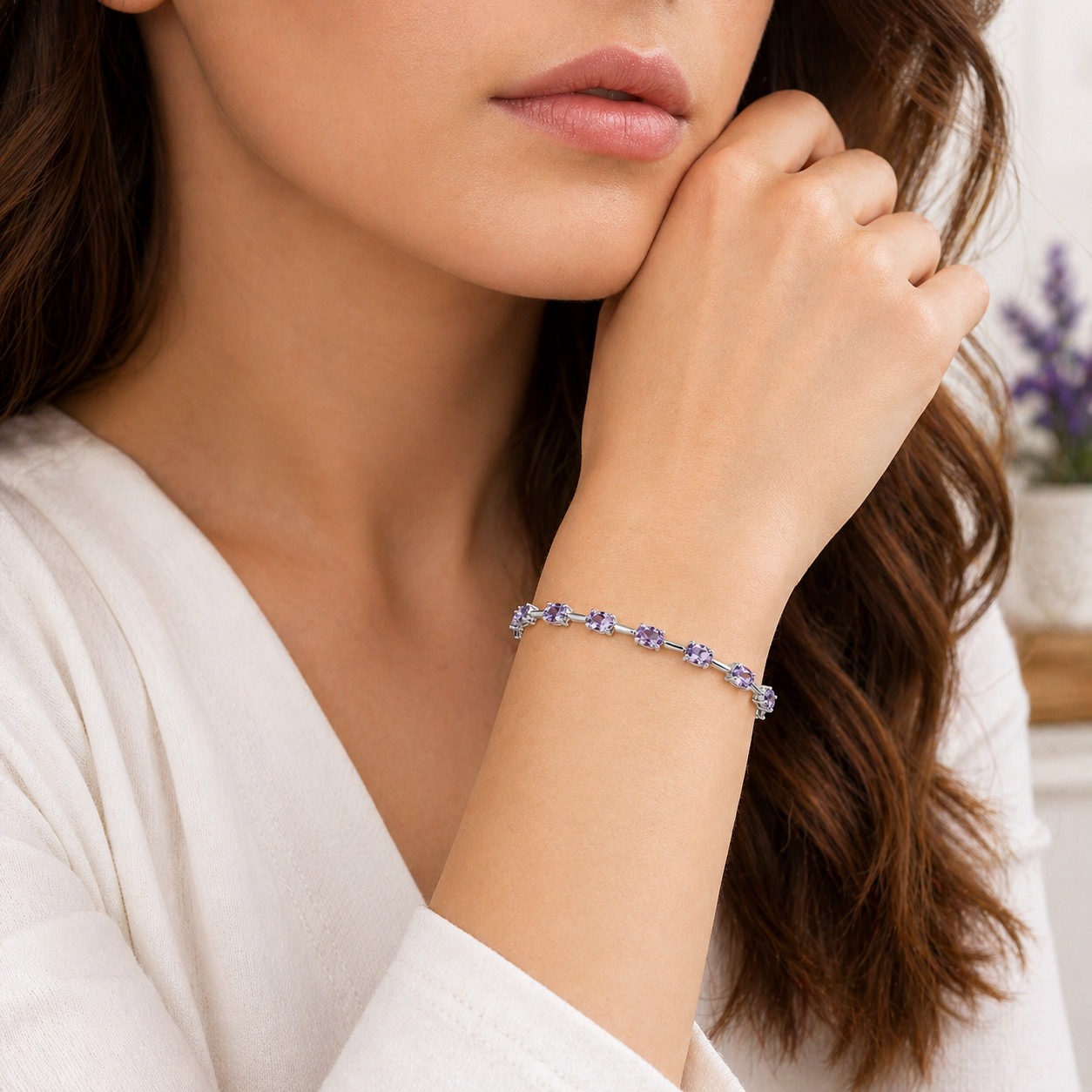 925 Sterling Silver Amethyst Tennis Bracelet 6x4mm Oval 7.25″ Gemstone Purple