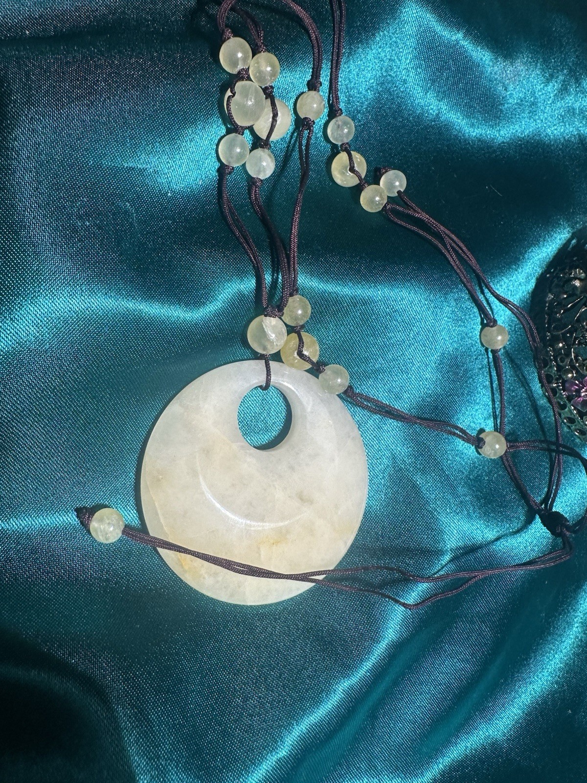 White Jade Oval Amulet Pendant Necklace, Beaded Cord Chain, White Stone
