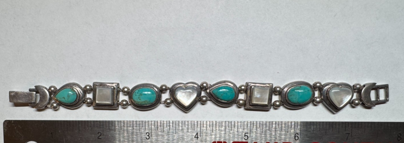 925 Thailand Sterling Silver Turquoise Mother of Pearl Link Bracelet 31g