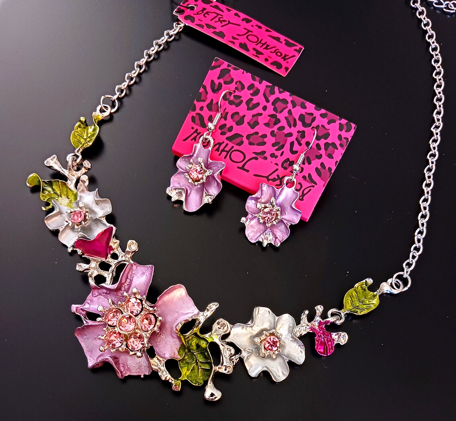 Bouquet Pink FLOWER GARDEN Floral Rhinestone Betsey Johnson Necklace Earring Set