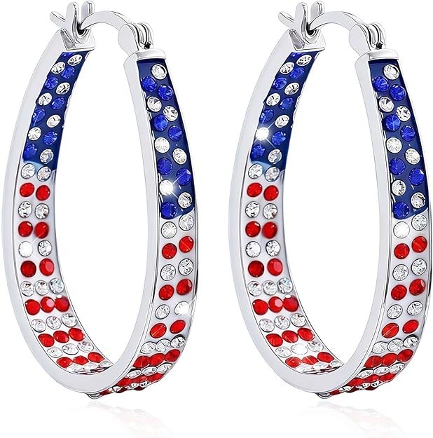 American Flag Red White Blue Crystal Hoop Earrings for Womens