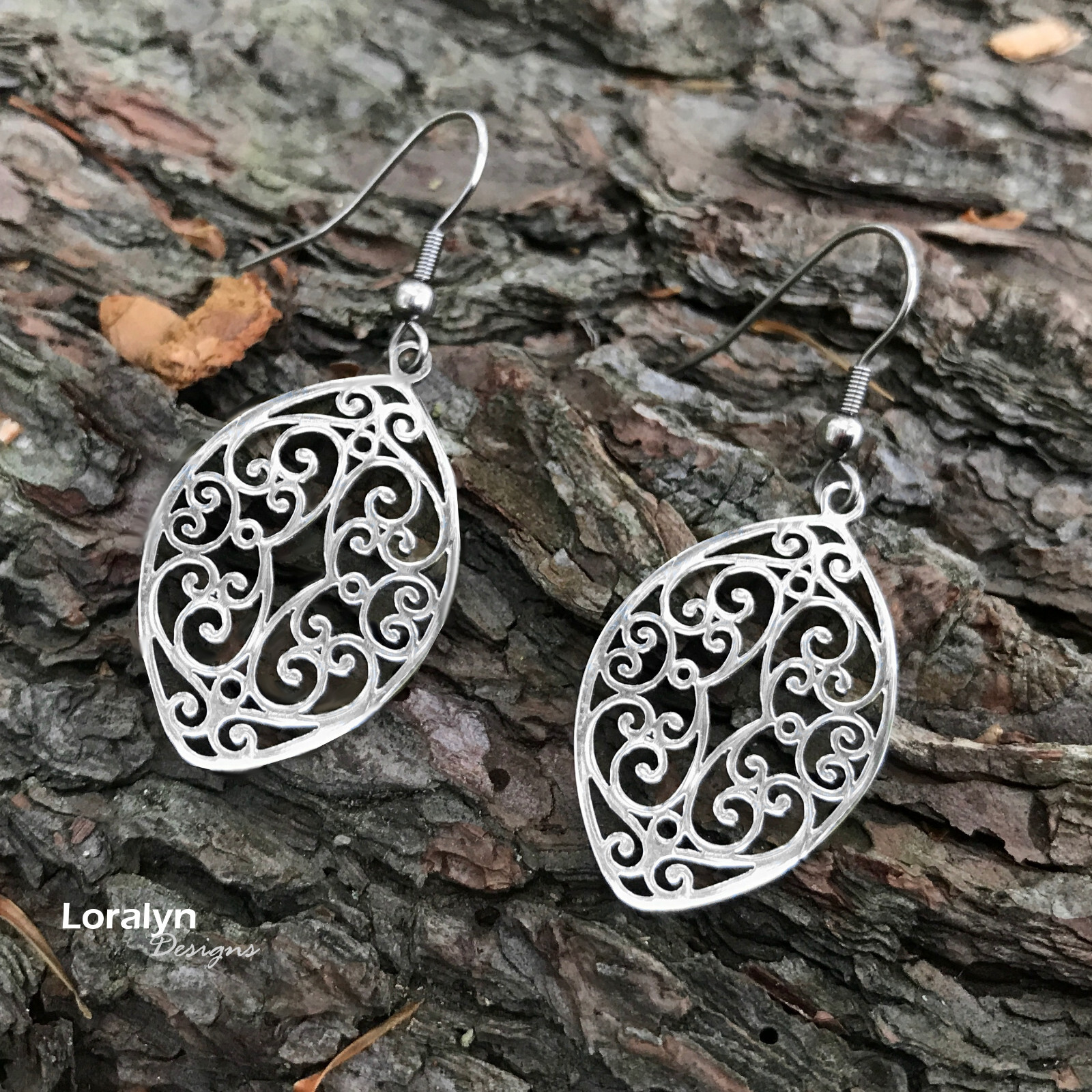 Silver Filigree Earrings Stainless Steel Dangle Womens Cutout Swirl 2 Inch