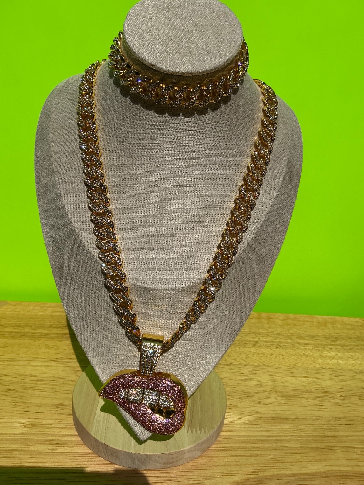 Biting Lip Pendant Necklace Bracelet Lot Hip Hop Iced 20” Inches CZ Chain Cuban
