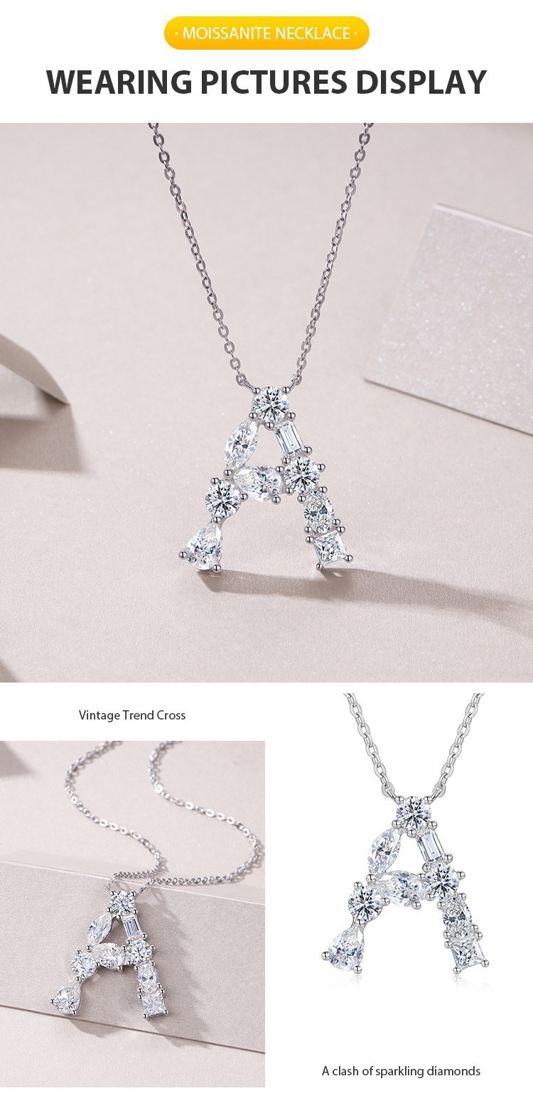 A-Z Initial Moissanite Pendant Necklace 925 Sterling Silver GRA Letter Gift