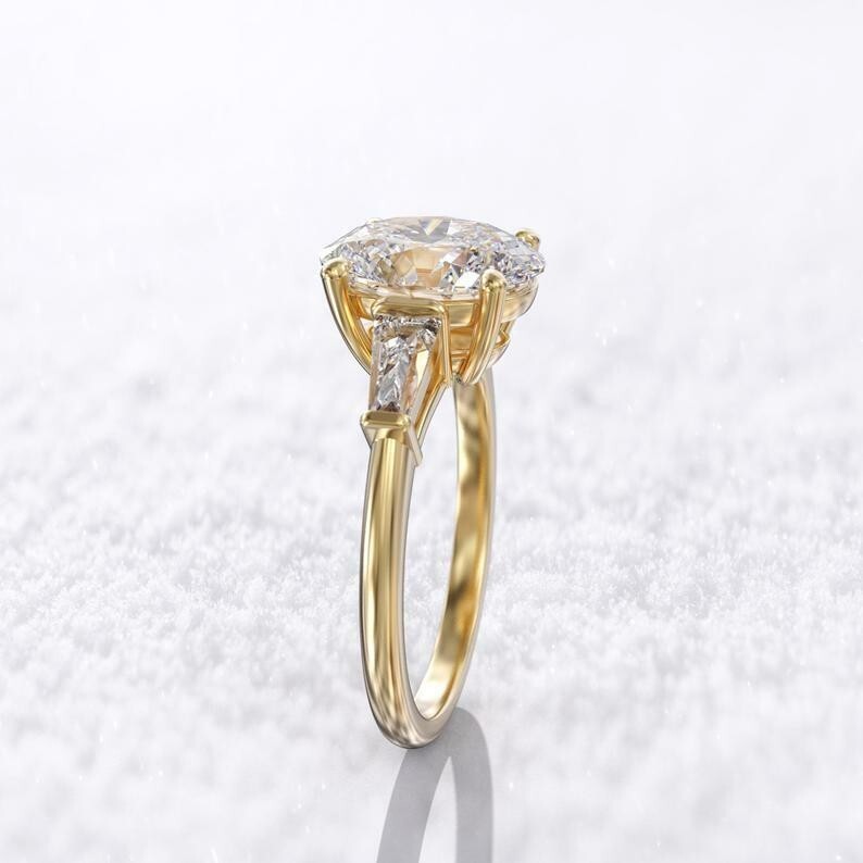 2Ct Oval Cut Diamond 3 Stone Simulated Engagement Ring 14K Yellow Gold Finish