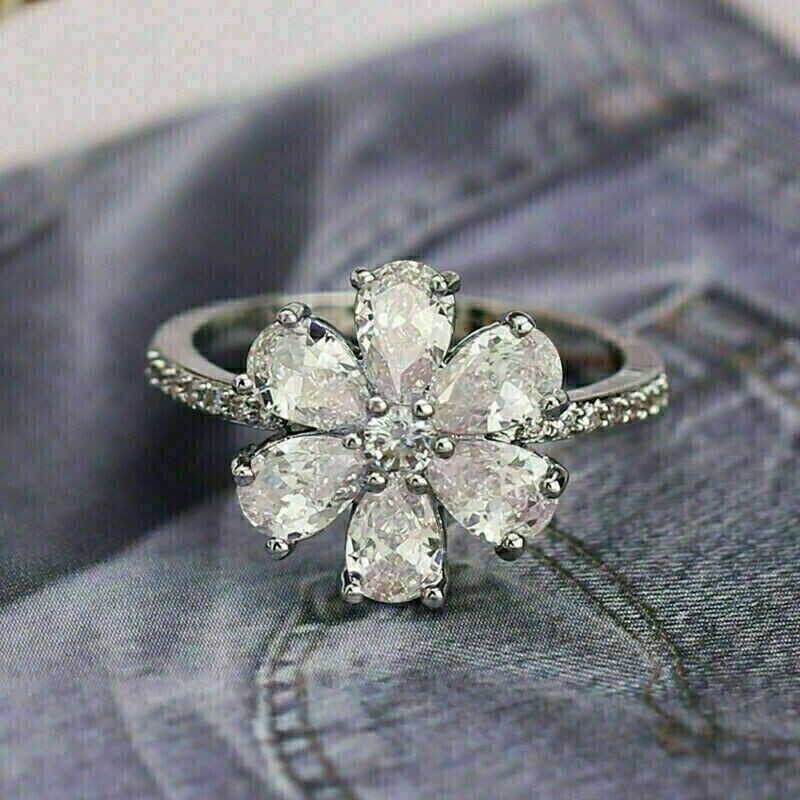 2 Ct Pear Lab Created Diamond Women’s Flower Wedding Ring 14K White Gold Plated