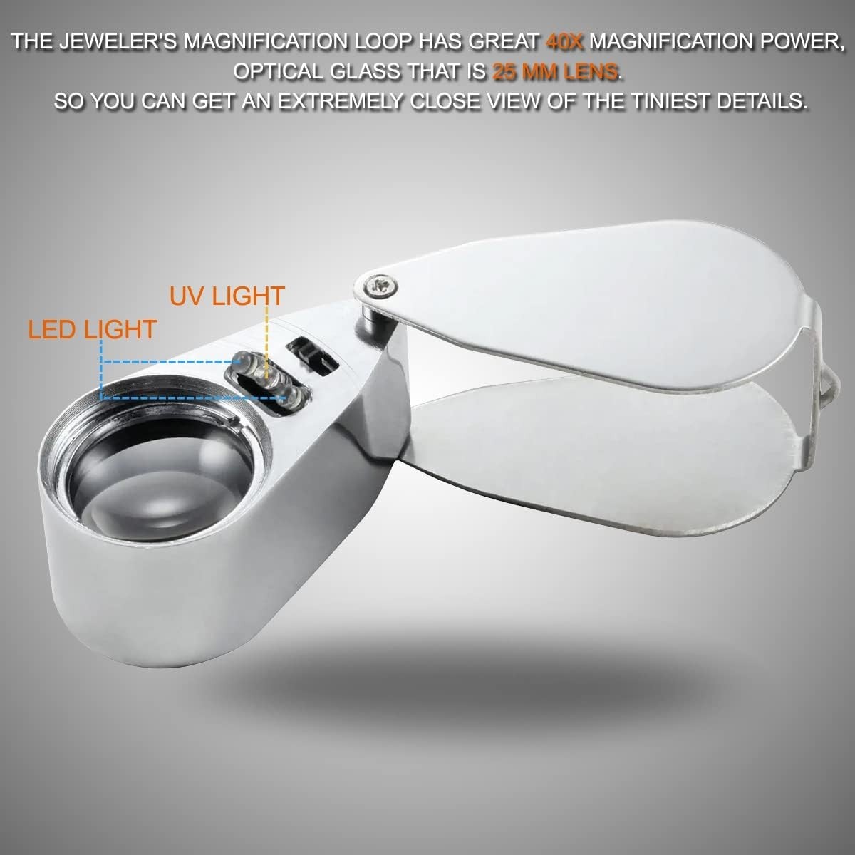 40X Jewelers Loupe Jewelry Loop Coin Magnifier Light Pocket LED Magnifying Glass