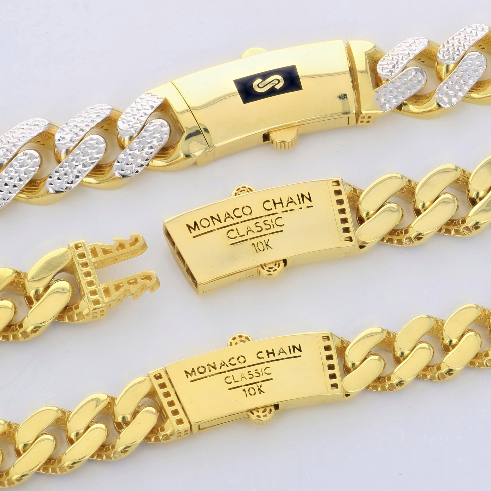 10K Yellow Gold Monaco Miami Cuban Pave Diamond Cut Chain Necklace, 7.5mm- 15mm