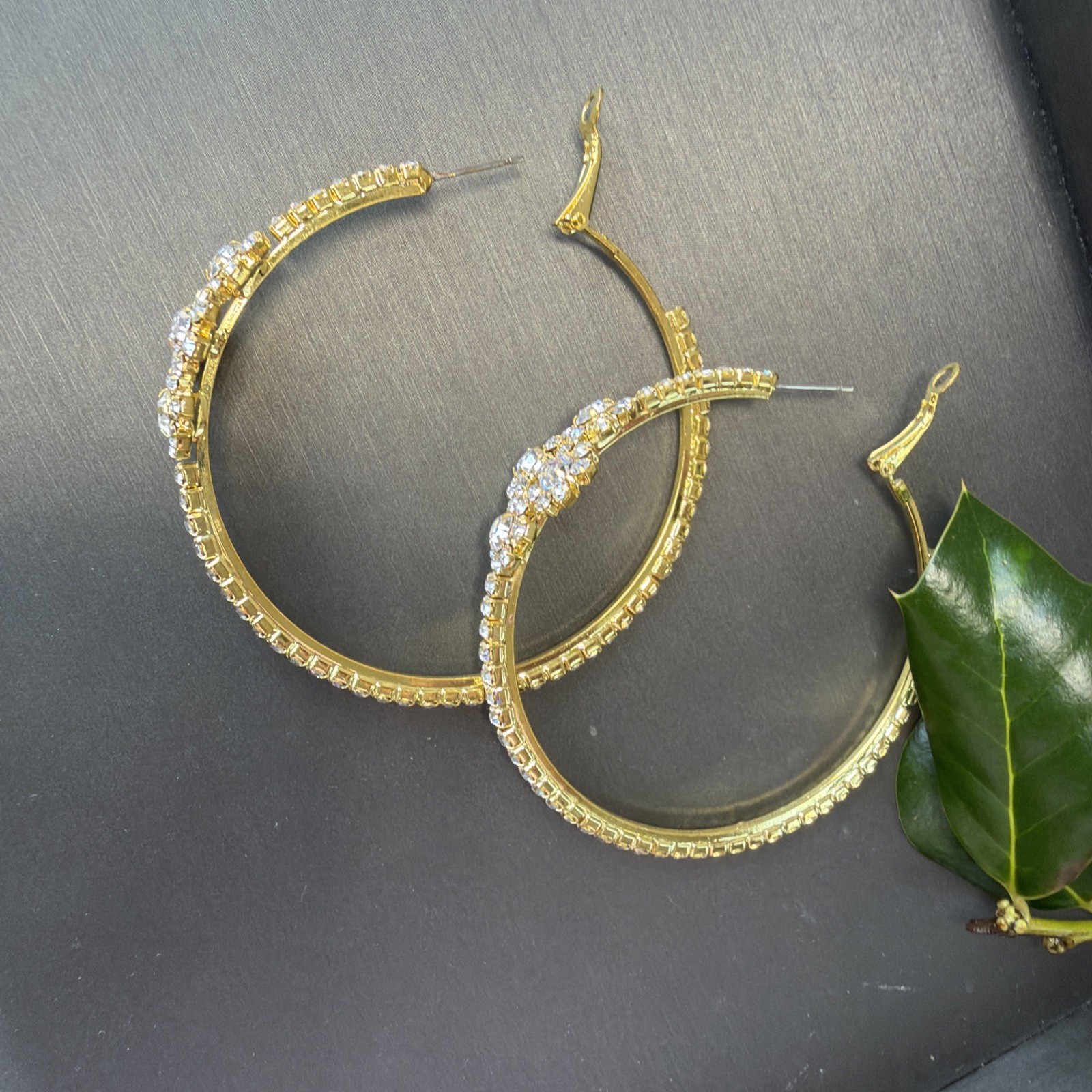 Gold Tone Rhinestone Hoop Earrings Large Statement Floral Cluster 2.5” Glam