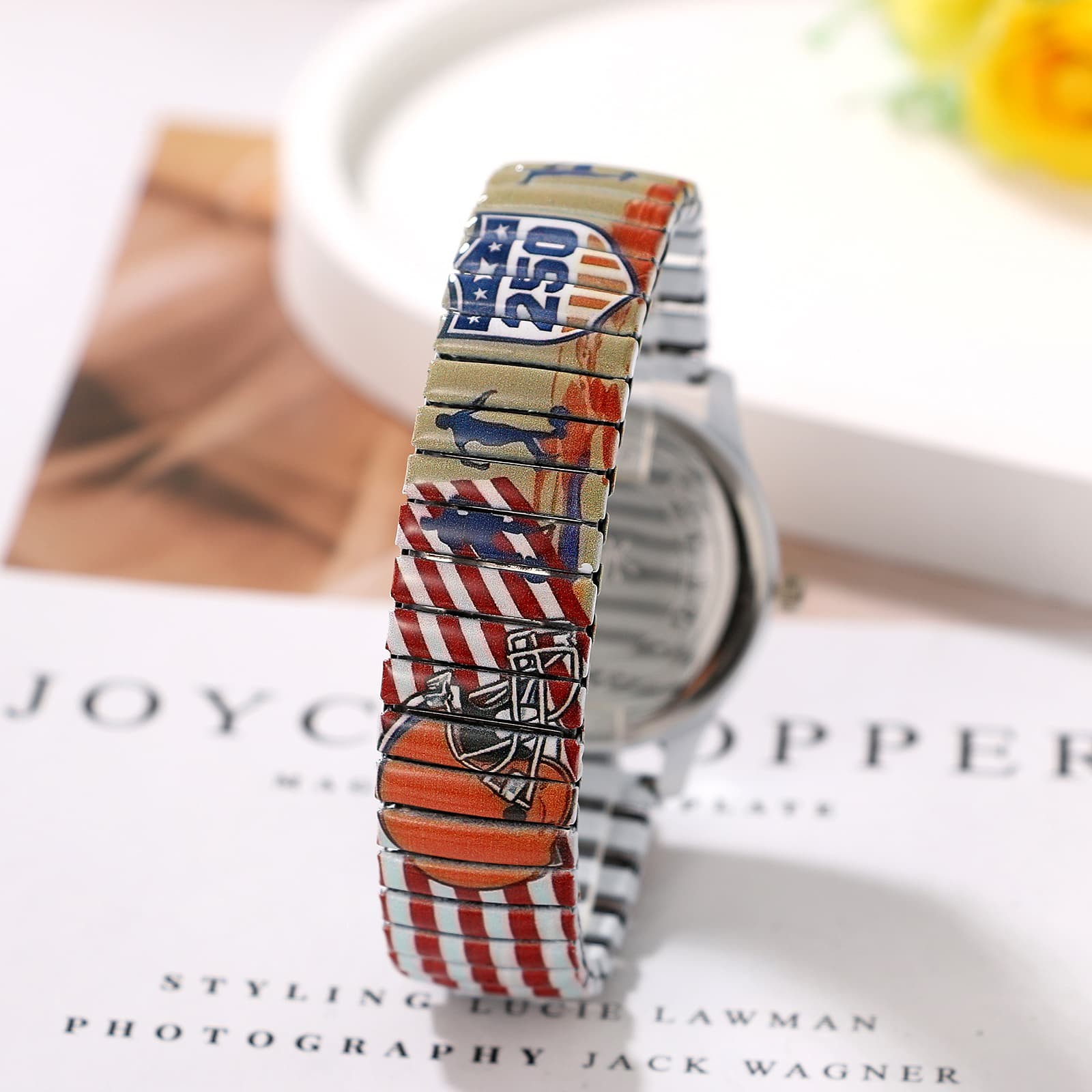 Men Women USA 250th Anniversary Stainless Steel Printed Elastic Band Wrist Watch