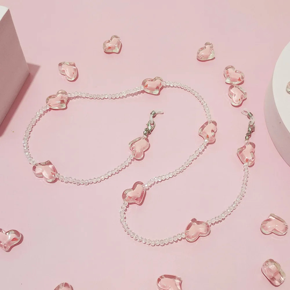 Fashion Love Heart Pink Crystal Sunglasses Chain Romantic Transparent Bead Chain