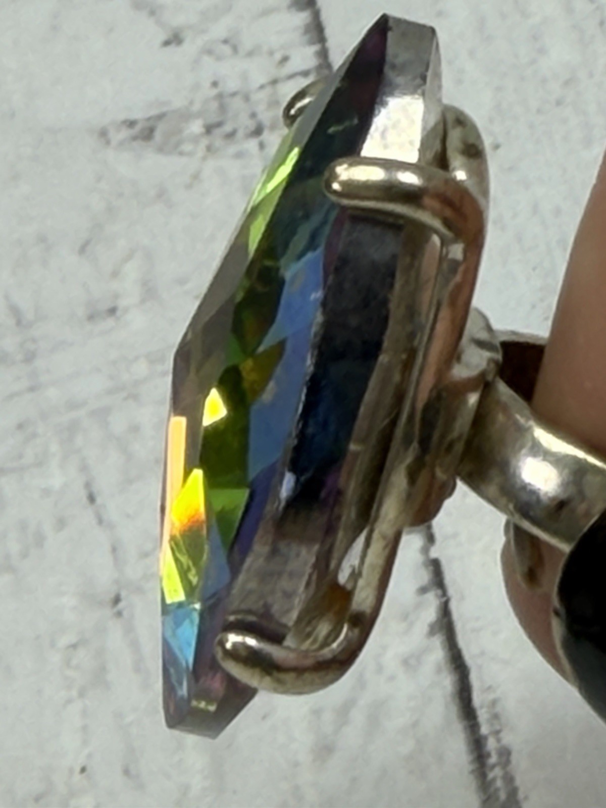 Large Rainbow Foil Backed Crystal Pear Cut Silver Tone Statement Ring Size 5