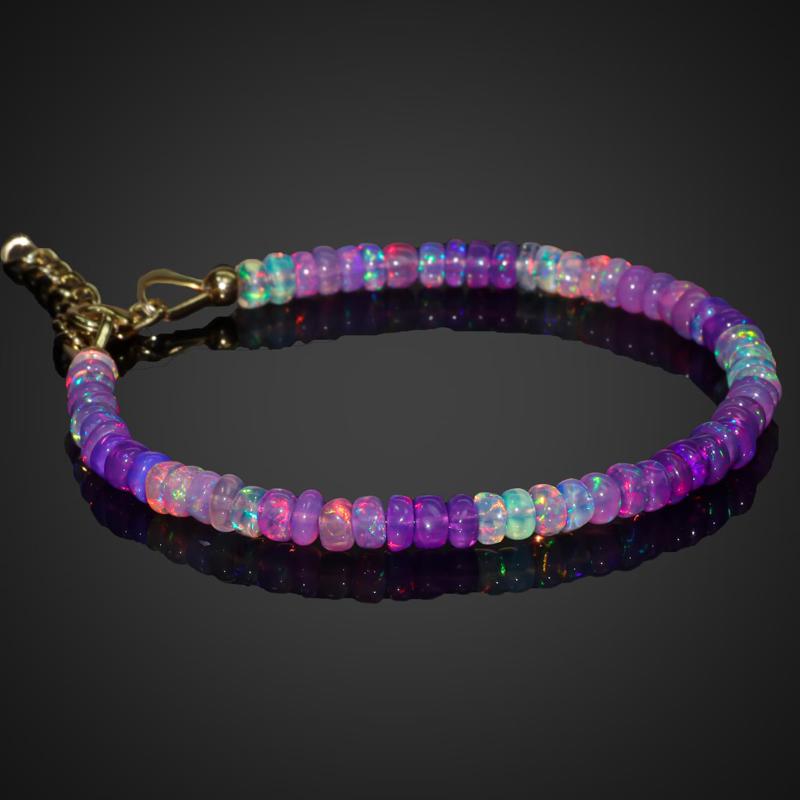 Natural Opal Beaded Bracelet Purple Multicolor Adjustable Bracelet 925 Silver