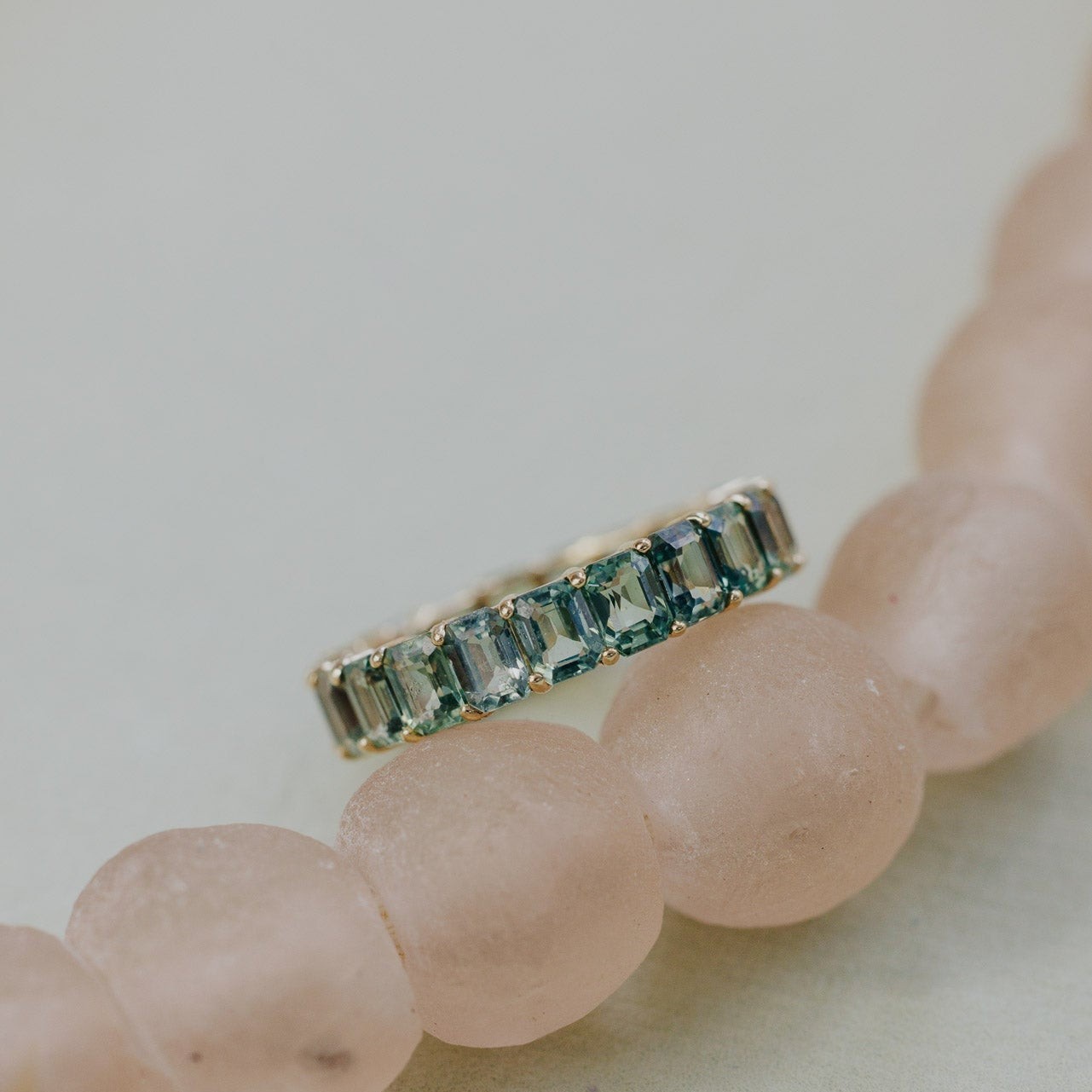 Natural Teal Montana Sapphire Eternity Ring 14K Gold Emerald Cut Wedding Band
