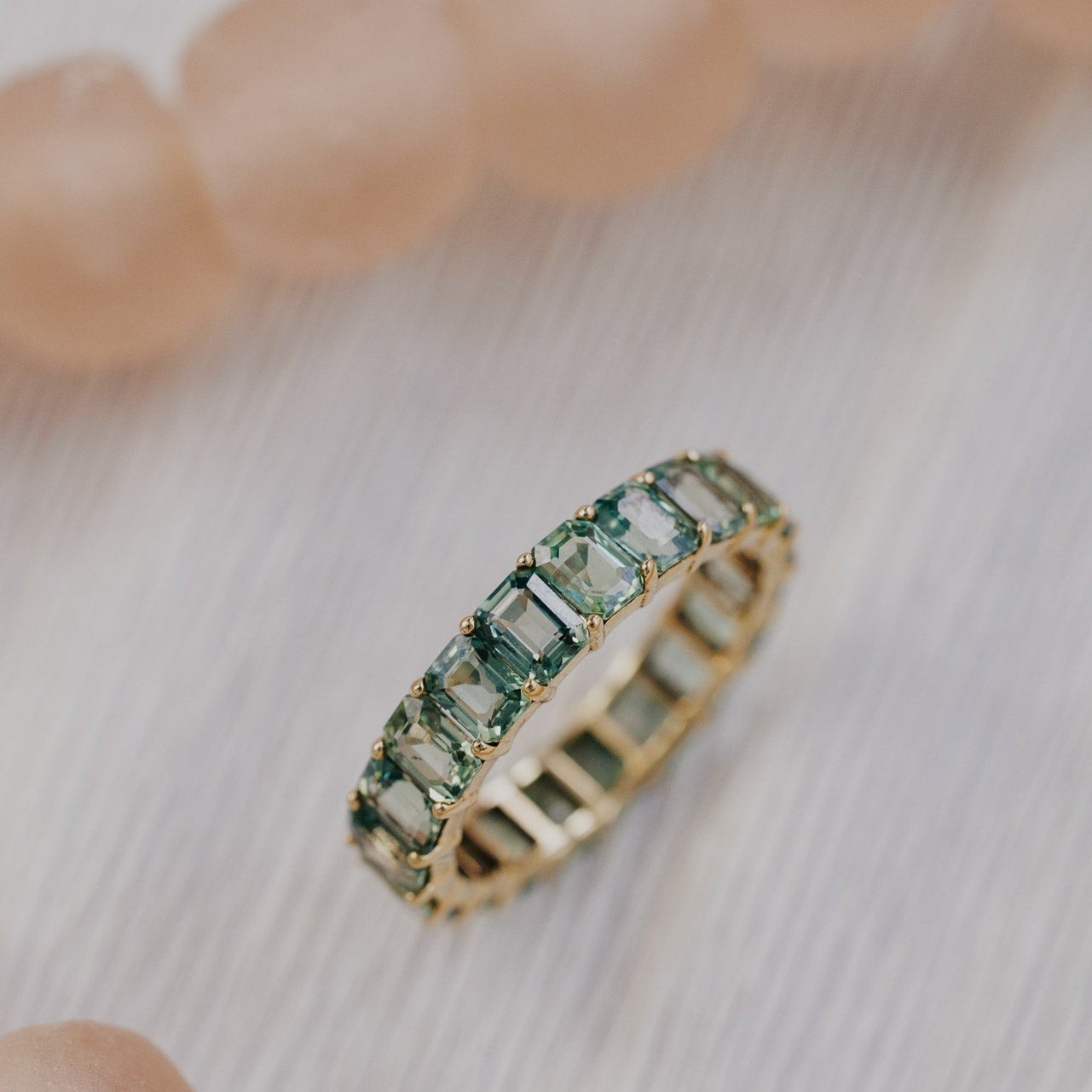 Natural Teal Montana Sapphire Eternity Ring 14K Gold Emerald Cut Wedding Band