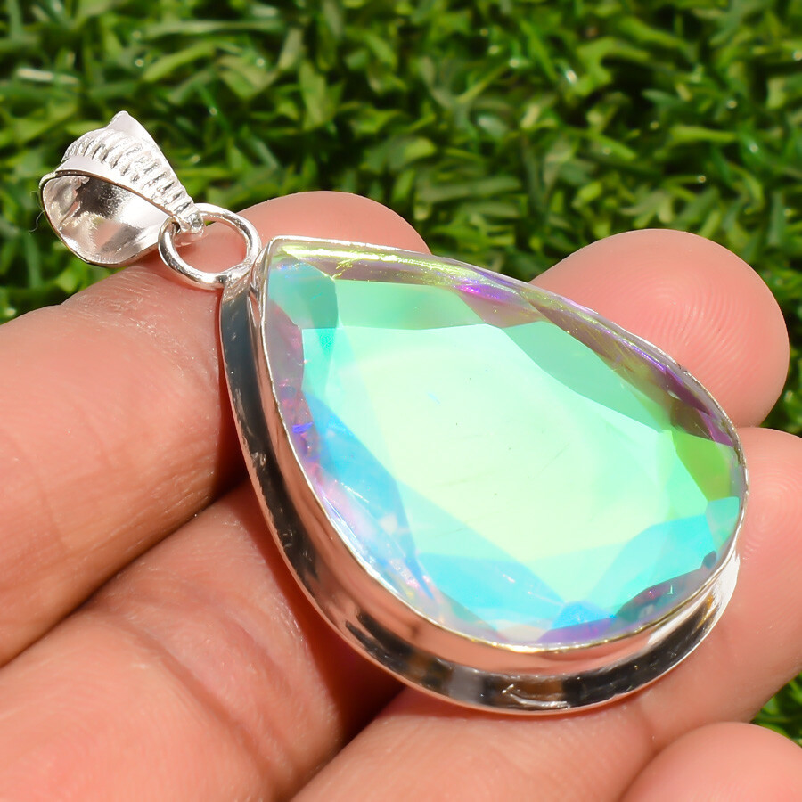 Rainbow Fire Topaz Handmade Gemstone 925 Sterling Silver Jewelry Pendant 2.20″