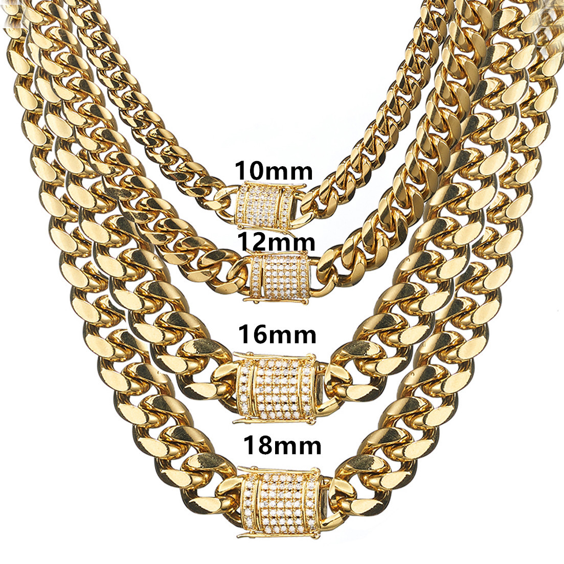 Miami Cuban Link Chain Necklace Rhinestone Clasp 18K Gold Plated Stainless Steel