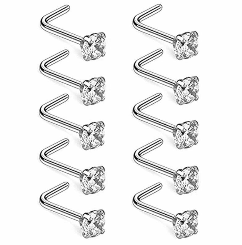 10PCS 20G Surgical Steel L Shaped Mix Color CZ Nose Stud Rings Piercing Jewelry