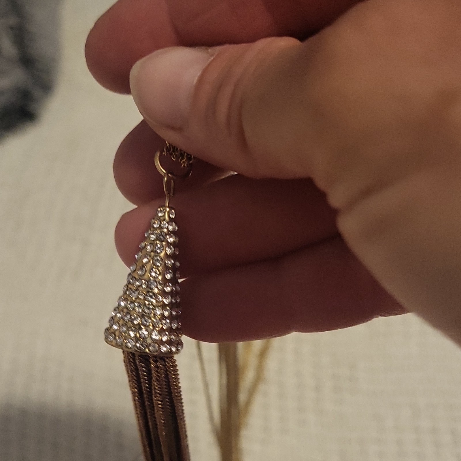 Gold Tone Chain Necklace Clear Crystal Pavé Cone Tassel Pendant Adjustable