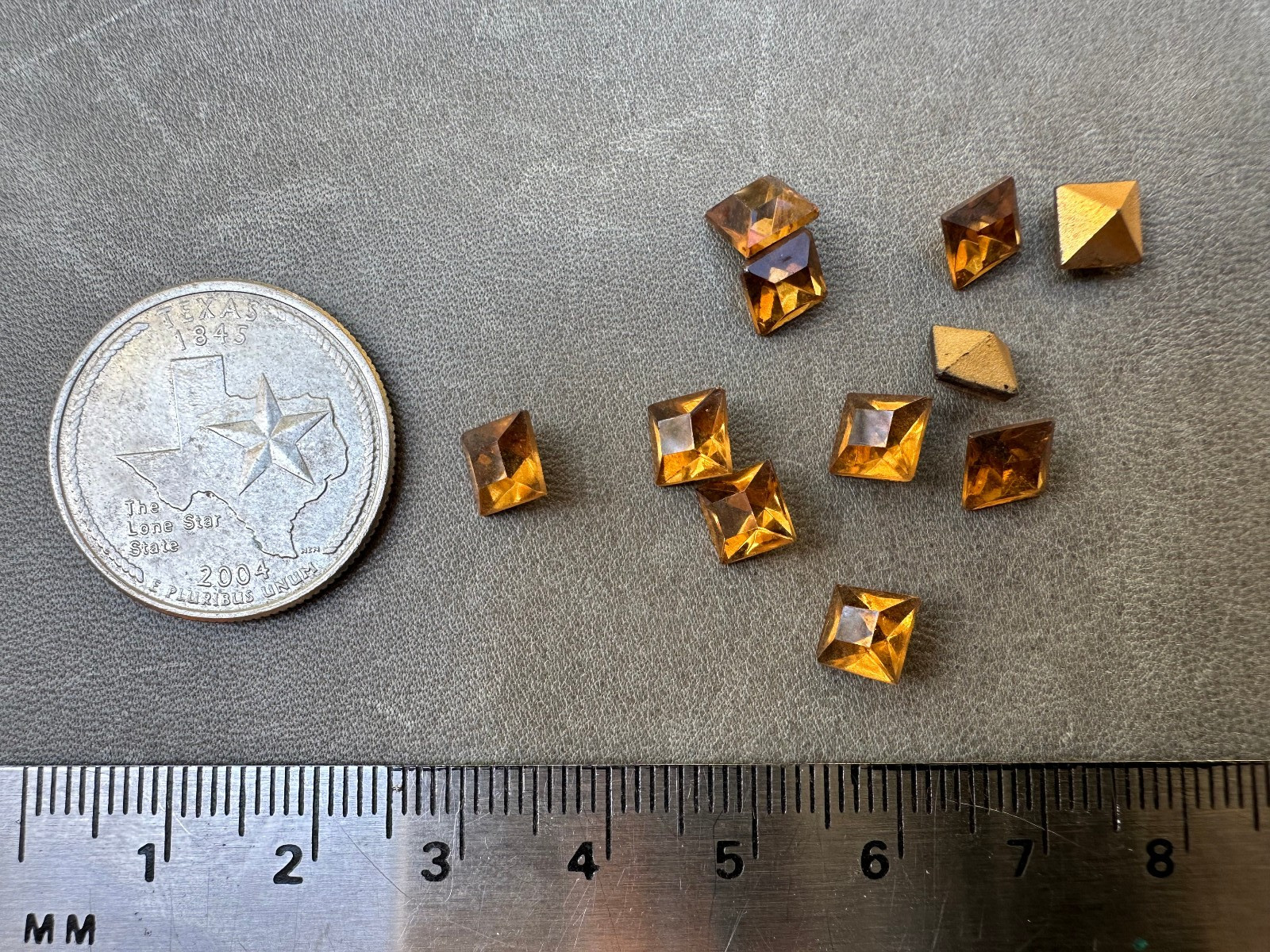 Vintage amber square faceted rhinestone gold foil backed Lot of 11