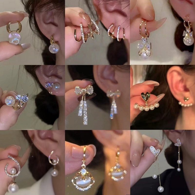 Fashion Zircon Crystal Pearl Bowknot Tassel Earrings Drop Dangle Women Jewelry