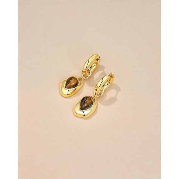 Gold Tone Drop Hoop Earrings Women Simulated Stone Fashion Jewelry Gift Set Wear