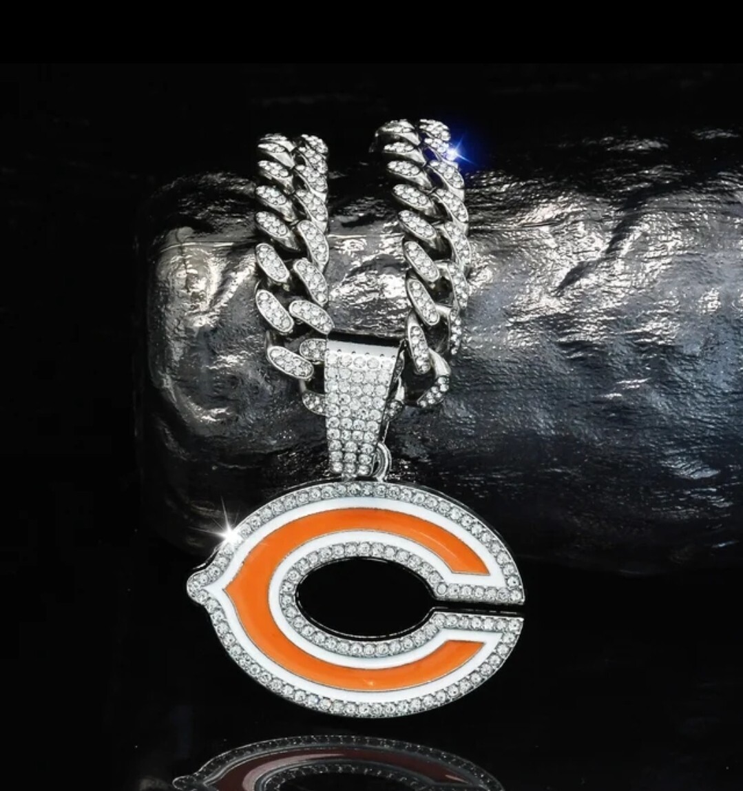 CHICAGO BEARS GEM NECKLACE SILVER BLING NFL Football Pendant & 24″ Chain