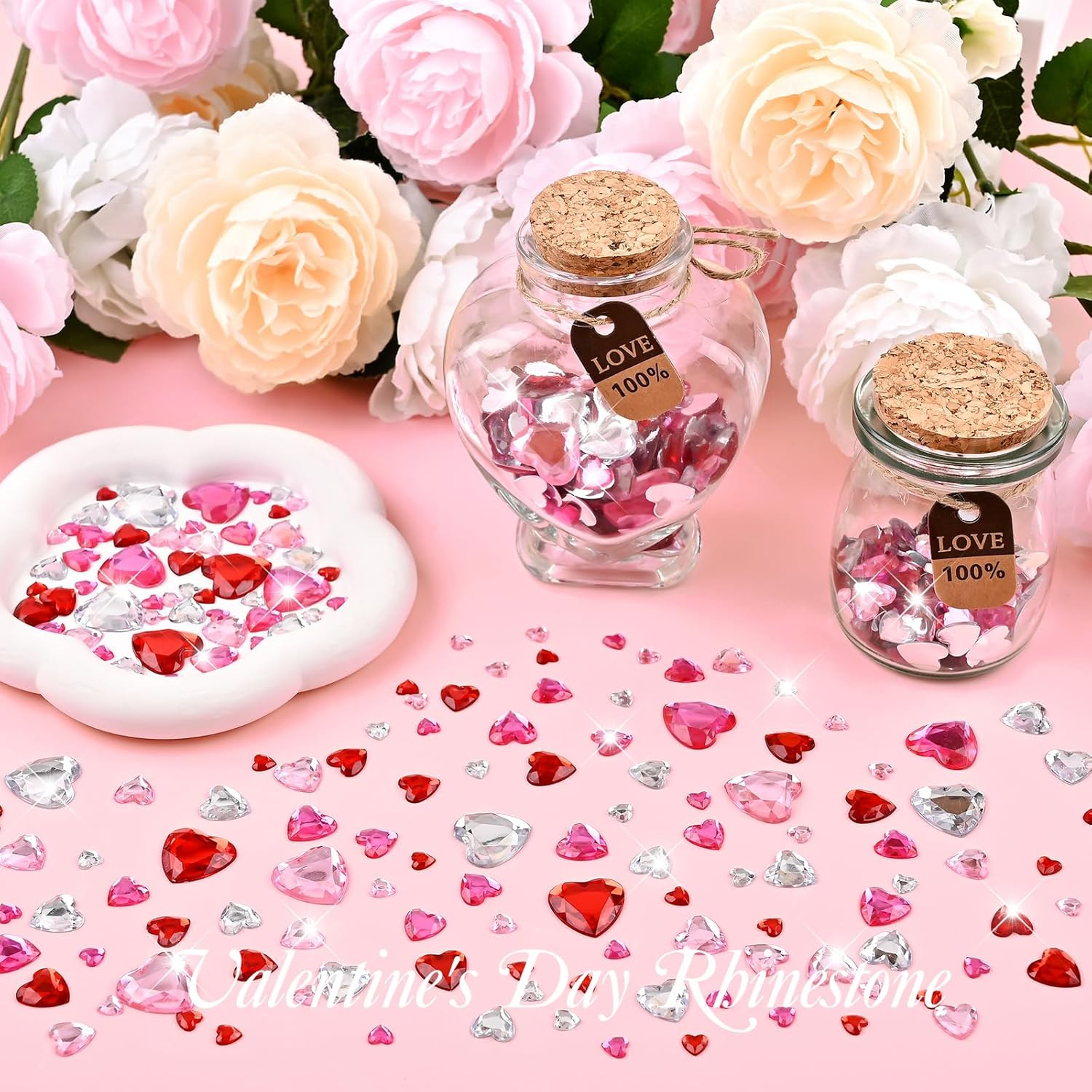 600 Pcs Acrylic Heart Rhinestone 6-18 Mm Valentines Heart Gems Multi Color Flat