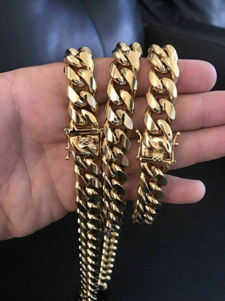 14mm Men’s Miami Cuban Link Bracelet & Chain Set 18k Gold Plated Stainless Steel